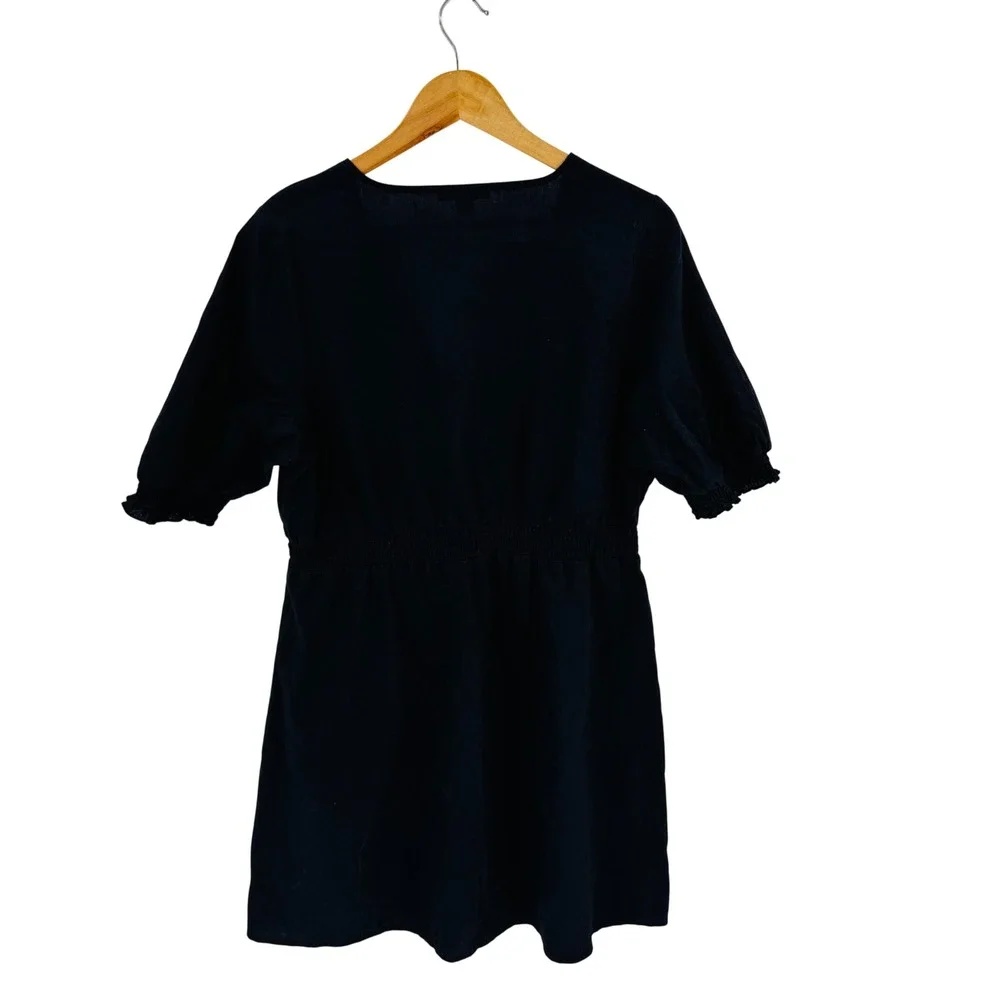 Saks Fifth Avenue Black V Neck Smocked Waist Puff Sleeve‎ Dress Linen Cotton XL